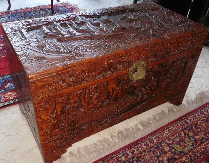 Carved wood trunk, Asian motif