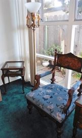 Shadowbox table, antique floor lamp, Spanish? chair