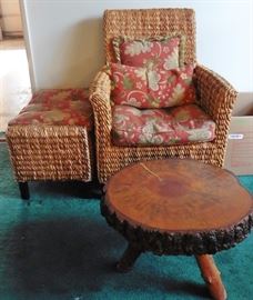 Tropical jute chair and ottoman. Rustic table
