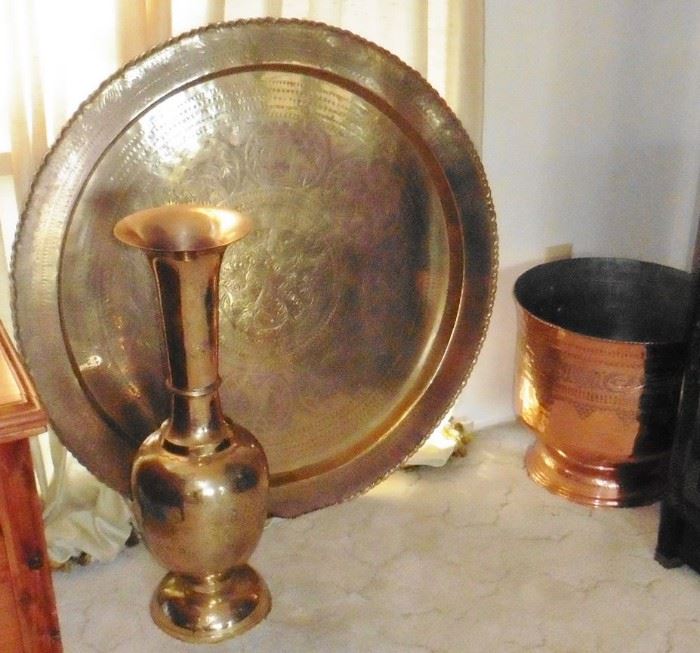 Brass tray table, vase