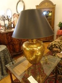 Mid Century Guilded Lamp with Black Shade