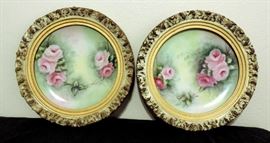 HANDPAINTED ROSE PORCELAIN PLATES WITH GOLD GUILT FRAMES
