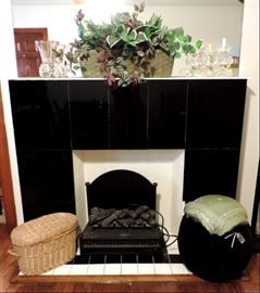 ELECTRIC FIREPLACE HEATER, CRYSTAL LAMPS, BASKET & SILK PLANT ARRANGEMENT