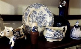 BLUE DELPH CHINA, PLATE, BELL, COW CREAMER & GRAVY SERVER, BLUE GLASS DECANTER