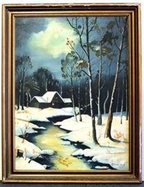 VINTAGE PAINTING OF CABIN IN WINTER SNOW