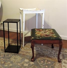 VINTAGE QUEEN ANNE STOOL WITH PANSY NEEDLEPOINT SEAT, BLACK METAL STAND AND WHITE SHABBY CHIC TWO TIER TABLE