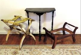 DEMI LUNE TABLE, LUGGAGE STAND AND FOOT STOOL