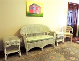 WICKER LOVESEAT, PAIR OF SIDE TABLES AND WICKER CHAIR, ORIGINAL OIL PAINTING BY LORETTA TREVINO, GALVESTON ARTIST