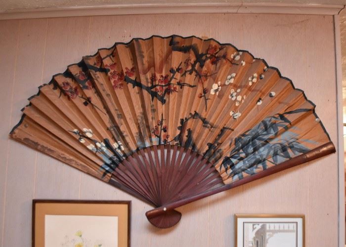 Large Asian Painted Fan Wall Hanging