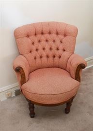 Vintage Tufted Armchair with Wood Carved Detail
