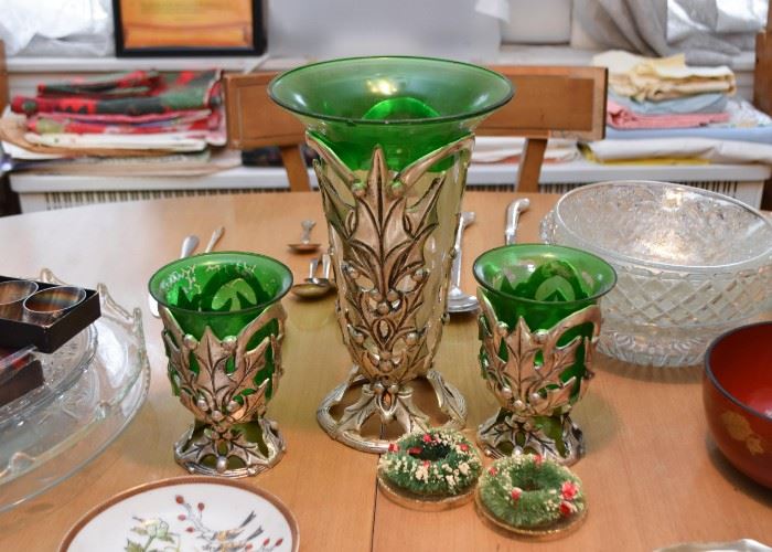 Metal Vases with Green Glass Inserts