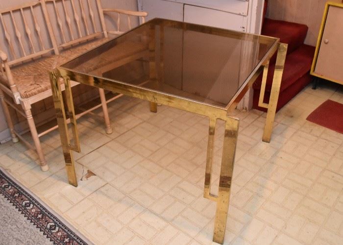 Vintage Square Brass Colored Dining or Game Table with Smoky Glass Top