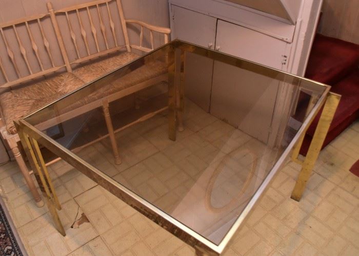 Vintage Square Brass Colored Dining or Game Table with Smoky Glass Top