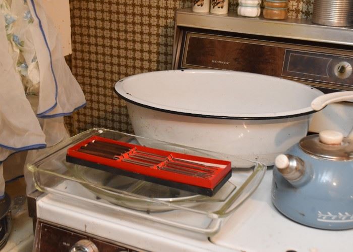 White Enamelware Wash Basin, Fondue Forks, Baking Dishes