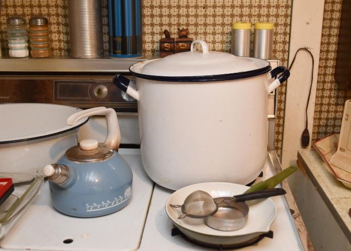 White Enamelware Stock Pot, Tea Kettle, Sauce Pan, Kitchen Utensils