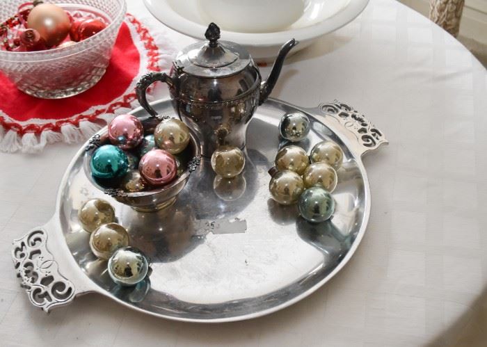 Vintage Christmas Ornaments, Serving Tray & Teapot