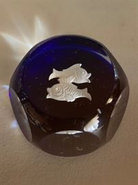 Baccarat cobalt blue with fish, signed paperweight