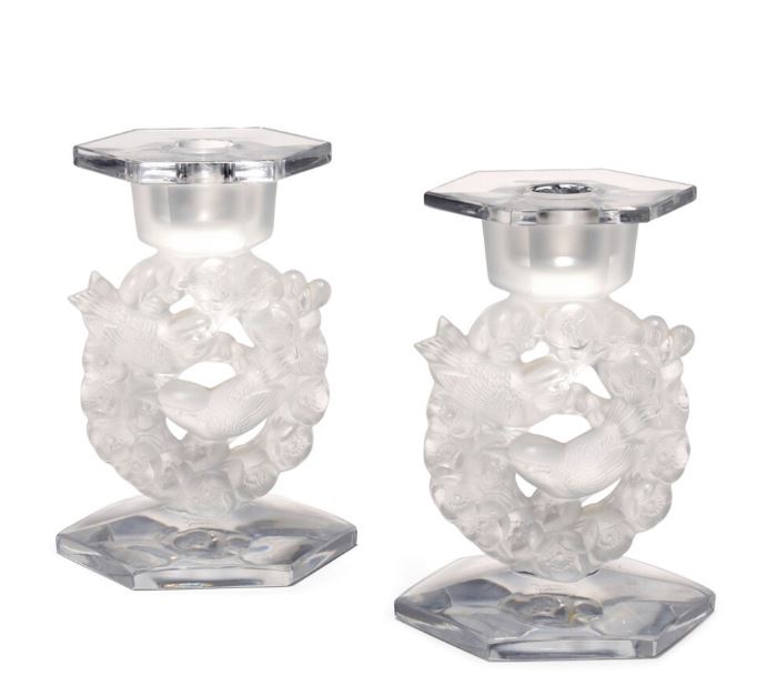 Pair of R. Lalique Mesanges candlestick / candle holders, 6-3/4" tall