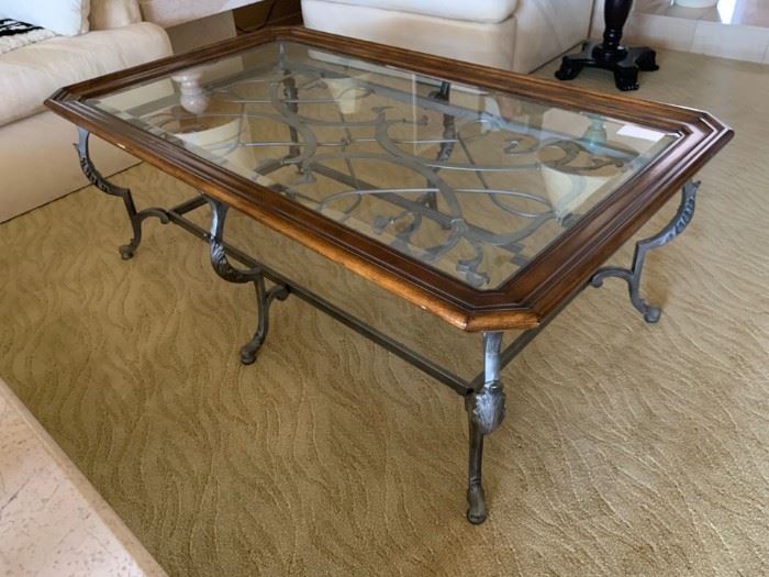 Iron, glass and wood coffee table