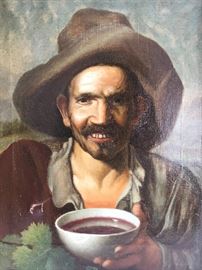 Oil on canvas entitled "The Wine Taster" (after Velázquez) by 19th century Napolese M. A. de Salvin; some sources list as French; in beautiful, old frame; oil on canvas; 18.9” X 14.57”; w/frame 28.5" x 24";
signed on reverse