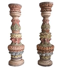 Carved, painted pair or candlesticks purchased years ago in Santa Fe by area philanthropist and art-savvy collector; 16”