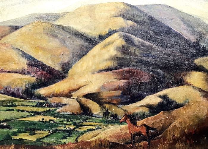 Landscape with horse; original oil on masonite; signed L/R M. Kelly? McColly?; 17.5" x 23.5"; w/frame 21" x 26.5"