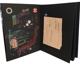 2nd picture of Japanese lacquerware accordion photo album with hand paintings on boards; commemorates service of Army engineers in Kyoto during the occupation