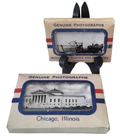 Two packs of 20 miniature photos of Chicago sites from the Grogan Co. of Danville, IL, known for pocket-sized packs of photos of historic points of interest; photos under 2” x 3”; rare and in good condition