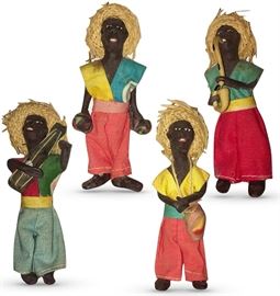 Four vintage Caribbean tourist dolls in native attire; possibly Jamaican Rasta colors of green, gold and yellow; each holding musical instruments; 4” high