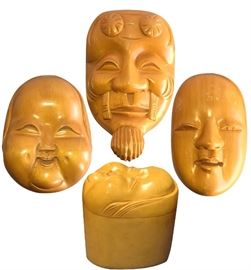Three polished cypress wood Japanese boxes (only one shown) with carved Noh mask lids; 5.5” H