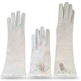 Three pair of gloves made in Crown Colony of Hong Kong; embellished w/beads and decorative stitching ; L to R: 12”, 8" and 14"