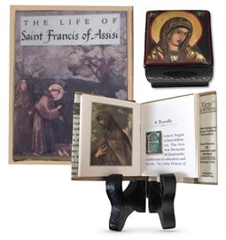Miniatures: Stewart, Patricia, "The Life of Saint Francis of Assisi. " Ariel Books, Andrews and McMeel, Kansis City, 1996; 2.25” x 1 7/8”; and a signed, hinged lacquered box, 1 1/8” x 1 1/8” x 1”