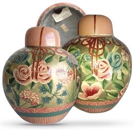 Pair of ginger jars with original $275 price tag on bottom; 10” H
