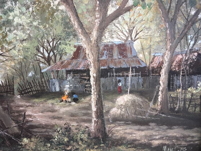 Artwork signed Manil, Manit, Mami T (?) L/R; possibly Vietnamese village