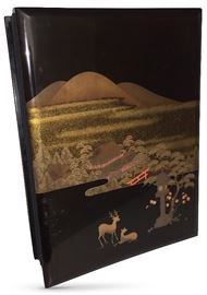 Great item to recall our precious WWII vets: 1940's Japanese lacquerware accordion-style album, fans open to about 20 blank pages; interior boards hand-painted by Teiichi, depicting scenes of U.S. servicemen on duty in Kyoto; lot of historical interest