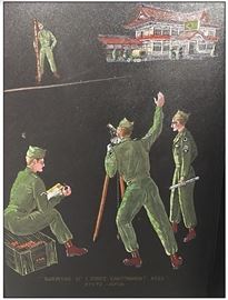 Last photo of 1940's Japanese lacquerware album showing Army surveyors working in Kyoto; identity of man to far right likely known through custom papers in album: Frank F. Ali, enlisted in Pittsburg