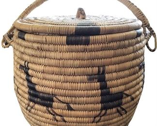 Detail of lidded, coiled Native American basket