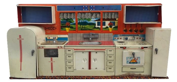 Metal and litho toy kitchen by Superior Toy Co.; mid-century; 11” x 23" x 4"