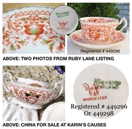 Assorted pieces of early 19th century china by H.M. Williamson & Son. Ours looks to have the same pattern registration number as that on a Ruby Lane listing with possibly the last number. The difference could indicate a slightly different colorway or date.
