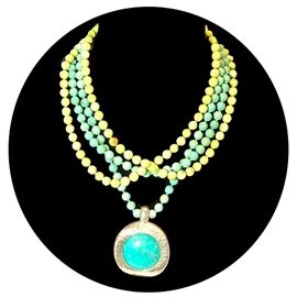 Simon Sebbag stone beads, turquoise and sterling necklace from LBK philanthropist; marked SSD 925 ; heavy sterling clasp