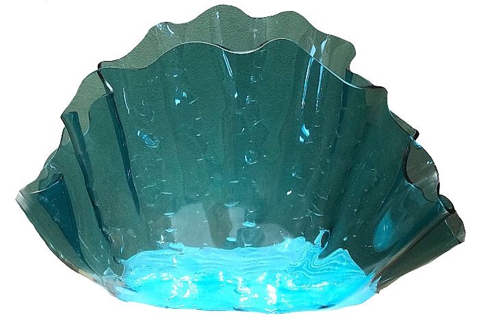 Large 18” x 18” art glass shell — green throughout, but photographed on white sheet which shows through at base