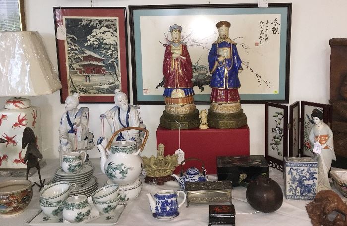 One if several Asianware tables which include decorative and jewelry boxes, lamps, ginger jars, buddhas, Tang-style and wooden horses, tea sets, fans, Asian art and more....