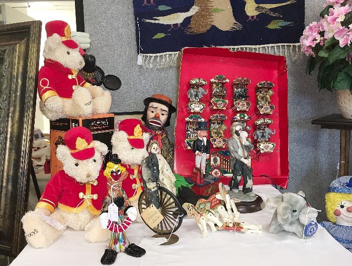 What would a Sarasota sale be without a circus table? Ours includes a Victoria Impex clown from 1976, a Flambro Emmett Kelly, Jr. clown, a framed Pallenberg's Wonder Bears print and an electric carousel with music...and the horses move!