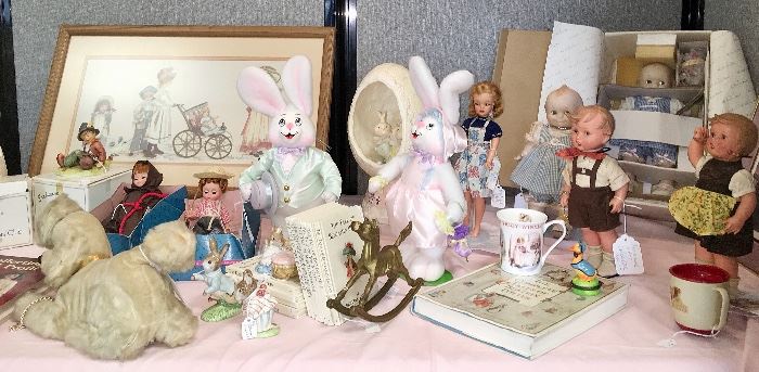 Toys and dolls tables include dolls by Madame Alexander and Hummel; figurines by Goebel, Beatrix Potter books and figures by Royal Albert; stuffed animals; a 1965 Blonde Misty Tammy doll and collectible toy cars.