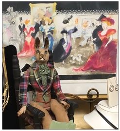 Close-up of Linda Bruce Salomon artwork and Scottish bunny, purchased from Corbino Gallery