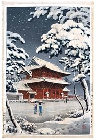 Woodblock print: Tsuchiya Koitsu (1870 - 1949), Snow at Zojoji, 1933