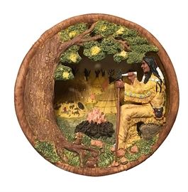 Very cool mid-mod "poured" wood lamp, about 9” in diameter; Native American campsite scene
