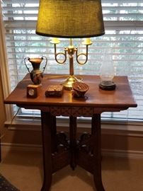 Great antique oak table with brass lamp