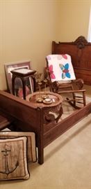 Antique bed frame, carved tray table, plant stand and cane rocket