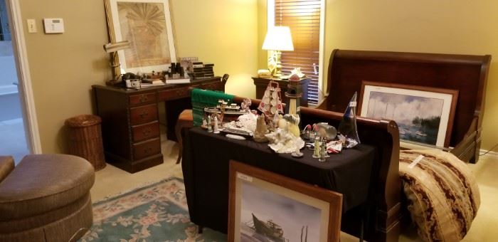 Master king bed frame, two nightstands and Duncan desk . Lots of nautical decor and shells